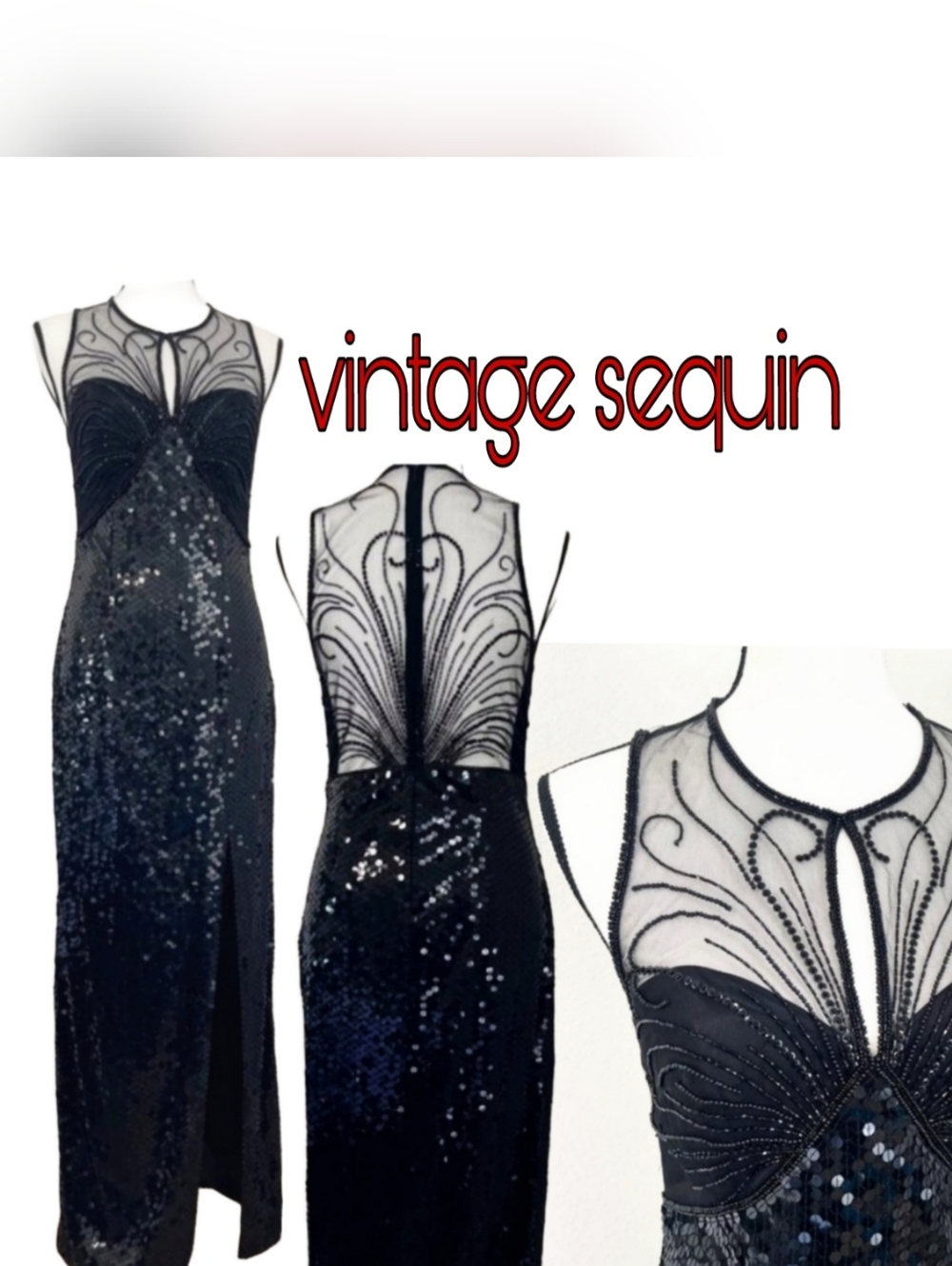 Vintage 80s Nightline Della Roufogali Black Sequin Beaded Illusion Maxi Gown